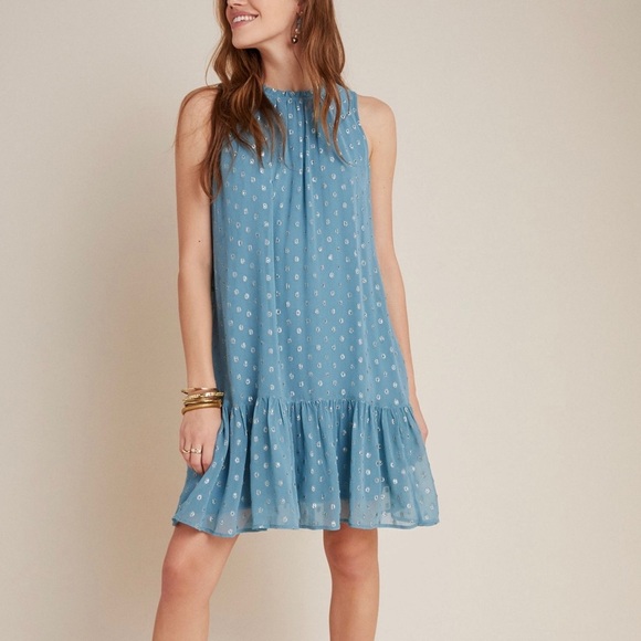 Anthropologie Natalie Flounced Blue & Silver Patterned Shift Dress - Picture 1 of 10